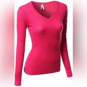 Pink V-Neck Long Sleeve Thermal Top - Size Medium (NWOT)